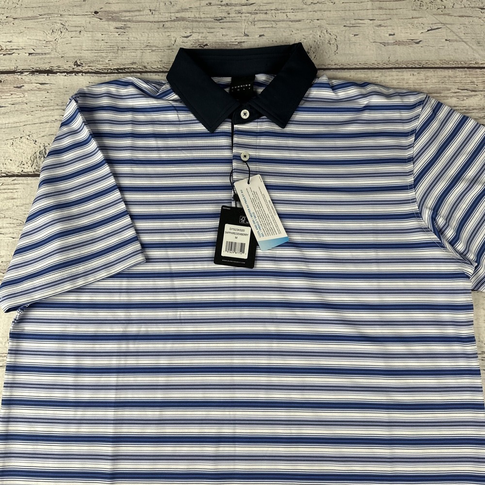 Dunning Golf Performance Fabric Coolmax Blue W/ Stripes Polo Shirt NWT Sz M $89
